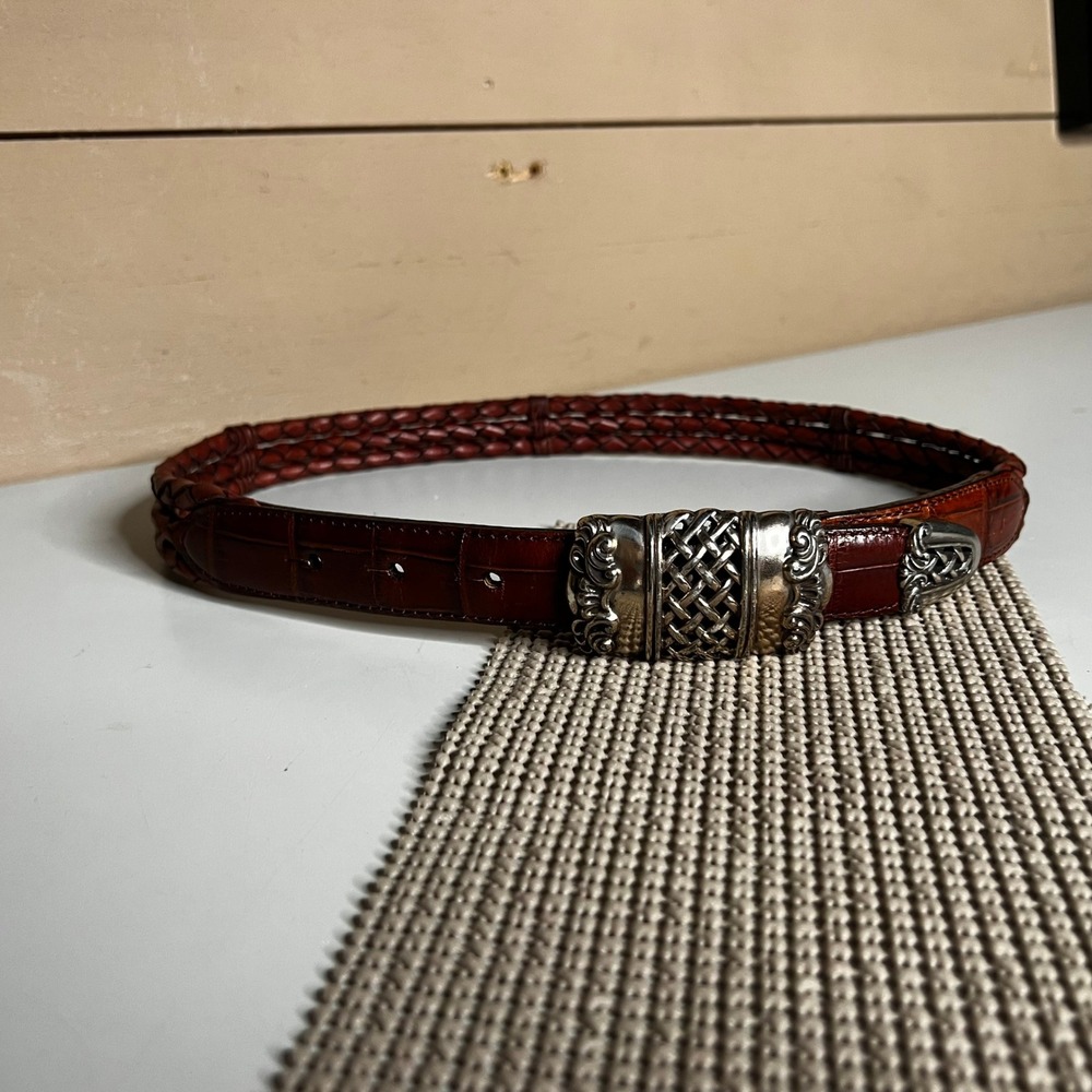 Brighton Brown Braided Croc Embossed Leather Belt Silver Lattice Buckle 26 90607
